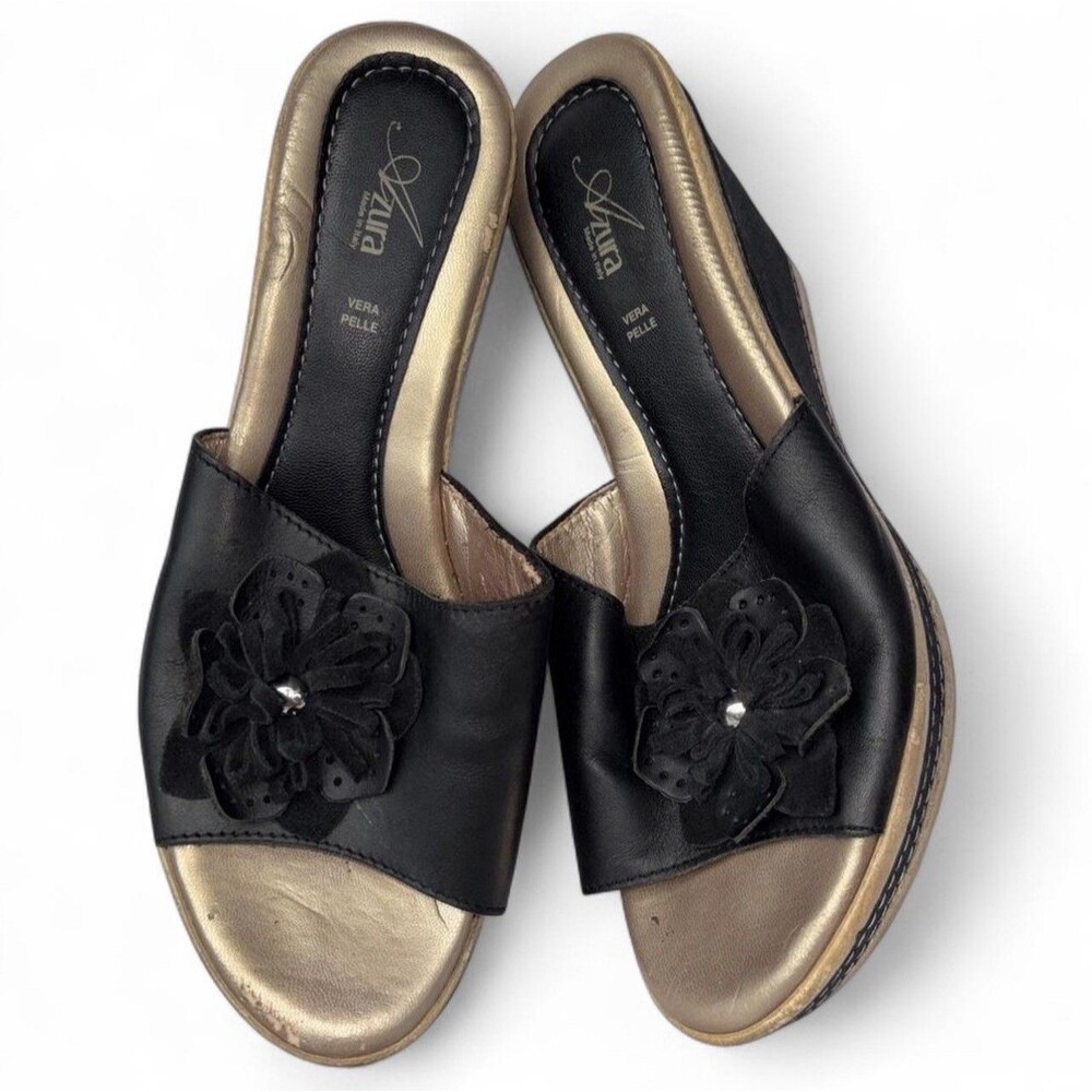 Azura Vera Pelle Black Leather Flower Slide Wedge Sandals Made in Italy